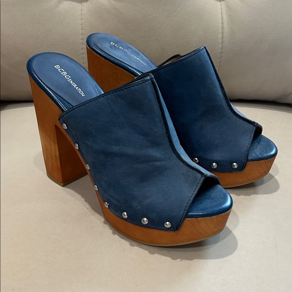 BCBGeneration Shoes - BCBGeneration Navy Leather Mules with Wooden Heel